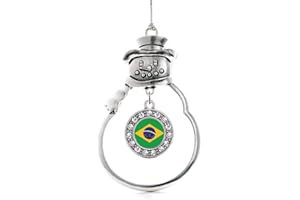 Inspired Silver - Brazilian Flag Charm Ornament - Silver Circle Charm Snowman Ornament with Cubic Zirconia Jewelry