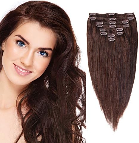 AbHair Clip in Hair Extensions 100% Real Remy Human Hair Extra Thick 18" 160g Silky Straight 8 Piece Full Head (#2 Dark Brown)