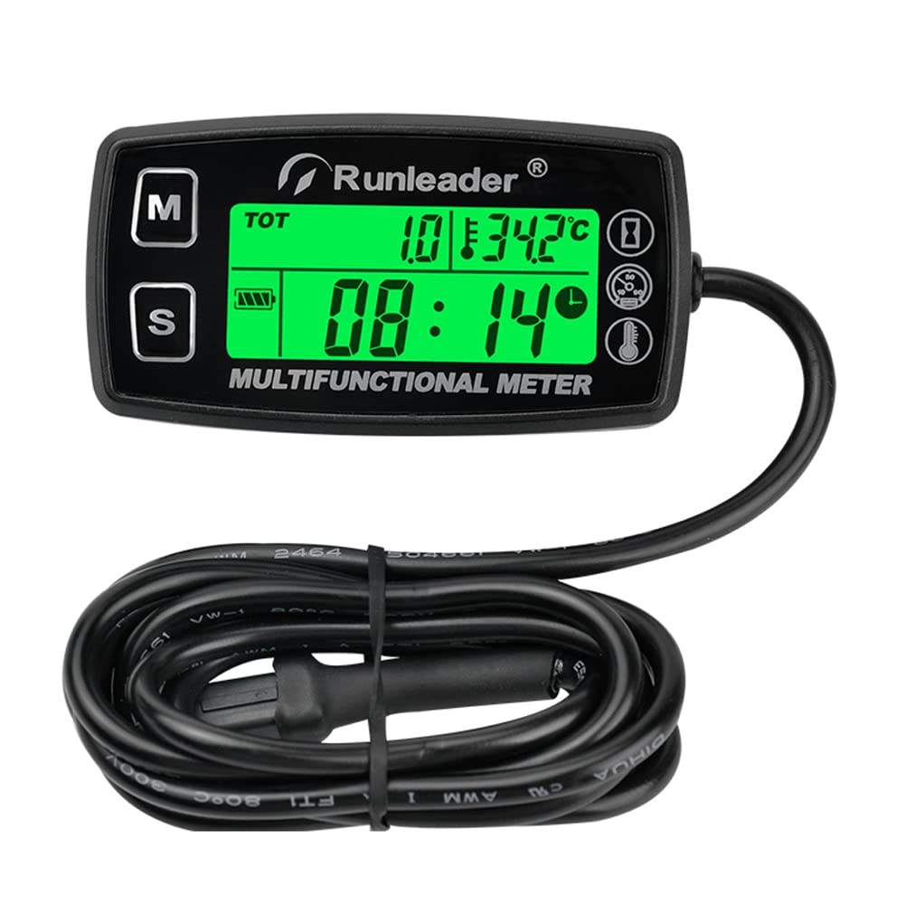 Digital Tachometer, Engine Hour Meter, Engine Thermometer, Alarm RPM and Time, Backlit Display Suitable for Lawn Tractor Compressor Generator Snowmobile Ship IP67