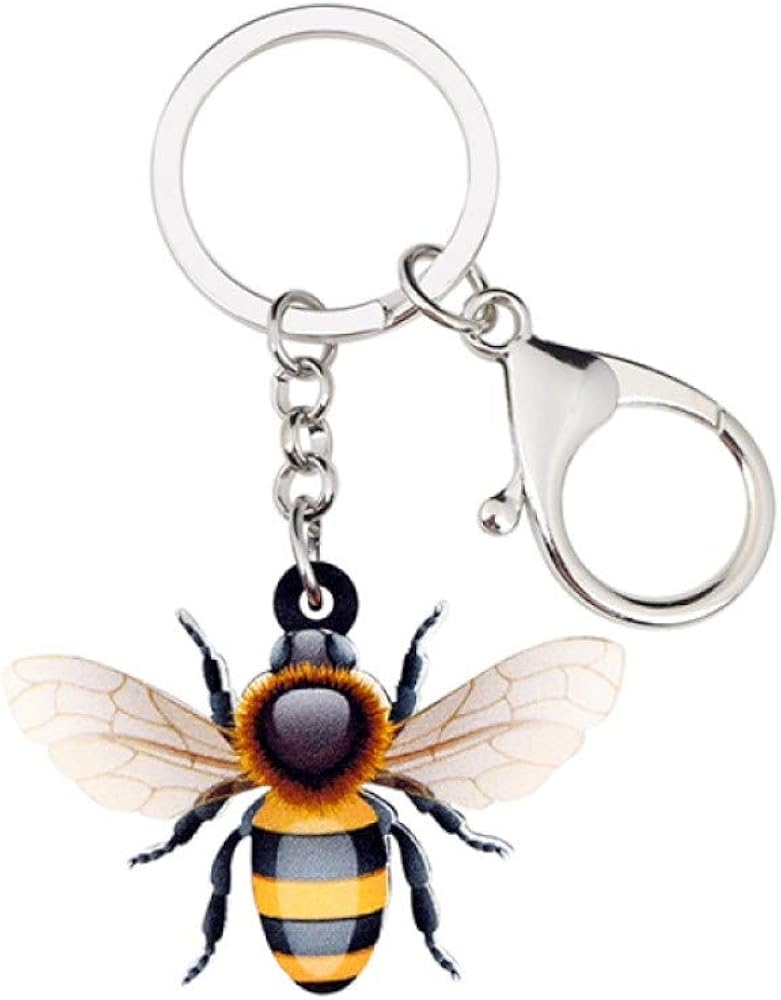 Acrylic Printed Black & Yellow Insect Bee Keychain Keyring with Silver