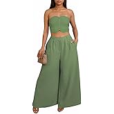 Akmipoem 2 Piece Sets for Women Summer Strapless Crop Top High Waist Wide Leg Pants Matching Outfits