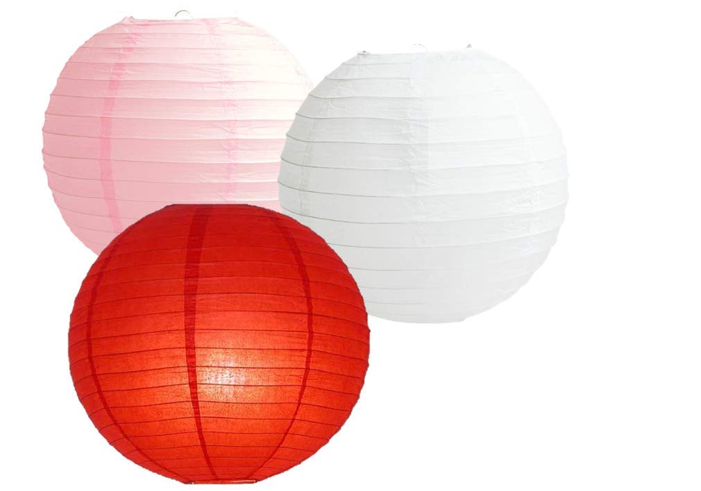 Paper Lanterns Mix Color Packs of 3 Round Paper Lanterns Lampshade Party Decorations (Pink White Shade, 16" (40 Cm))