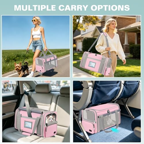 BTNEEU Foldable Cat Carrier Carrier Small Dog Carrier Airline Approved Breathable Carrier Bag with Inner Strap, Washable Soft Cushion and Adjustable Shoulder Strap (Pink)