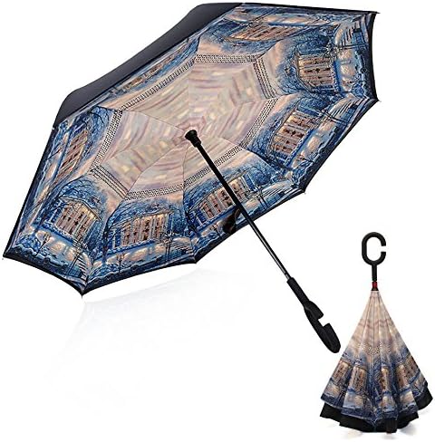 Windproof Double Layer Inverted Umbrella, UV Protection Big Straight Self Stand Inside Out Rain Protection Reverse Umbrella for Open Close Car Rain Outdoor With C-Shaped Handle (Snow)
