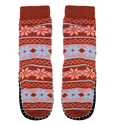 Basico Women Knitted Home Slipper Socks with NON Slip Bottom (1pk Snow Flakes- Brown)