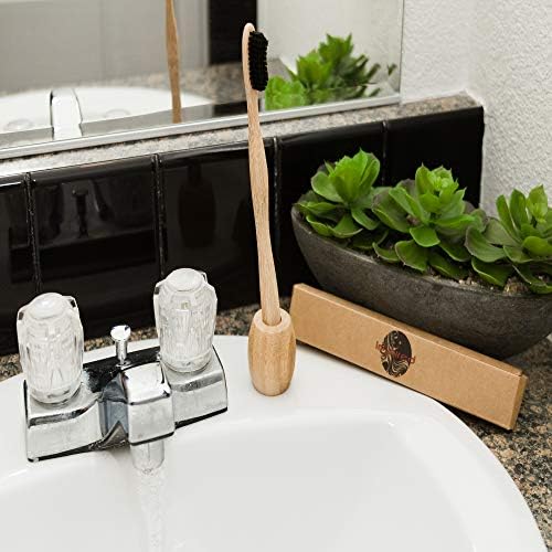 Bamboo Toothbrushes – Pack Of 4 Natural, Biodegradable, And Safe Tooth Brushes with Bamboo Handle and Toothbrush Stand – Ideal for The Whole Family