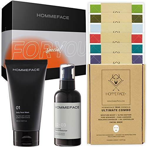 HOMMEFACE Men’s Skincare Duo, Limited Holiday Edition – 2-Step Routine Kit, Ultimate Combo Sheet Mask Set of 6 & Free Gift Included with Box