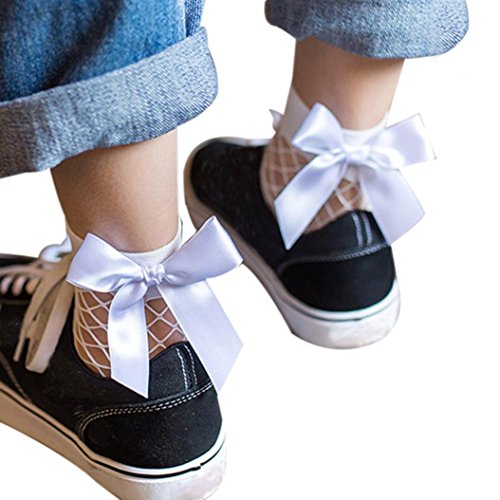 Napoo Clearance Women Mesh Ruffle Bowknot Fishnet Socks Ankle High Lace Short Socks (CC)