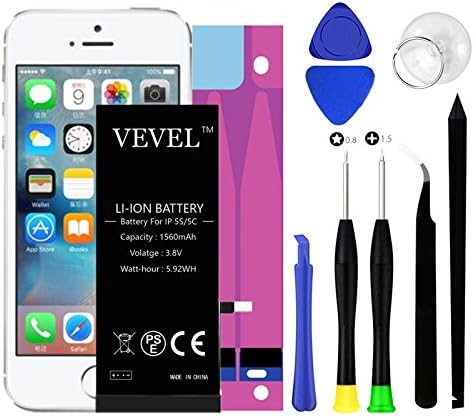 Battery Model iP 5S 5C, VEVEL Internal Li-ion Cycle Replacement Battery New 1560 mAh with Complete Repair Tool Kits,Adhesive- 2 Year Warranty