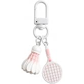 Gauelne Sport Keychain, Badminton Keychains Bag Charms for Women | Ball Key Chains with White Clasp and Pink Racket Shuttlecock Pendants Gifts for Athlete Coach Girls Friends