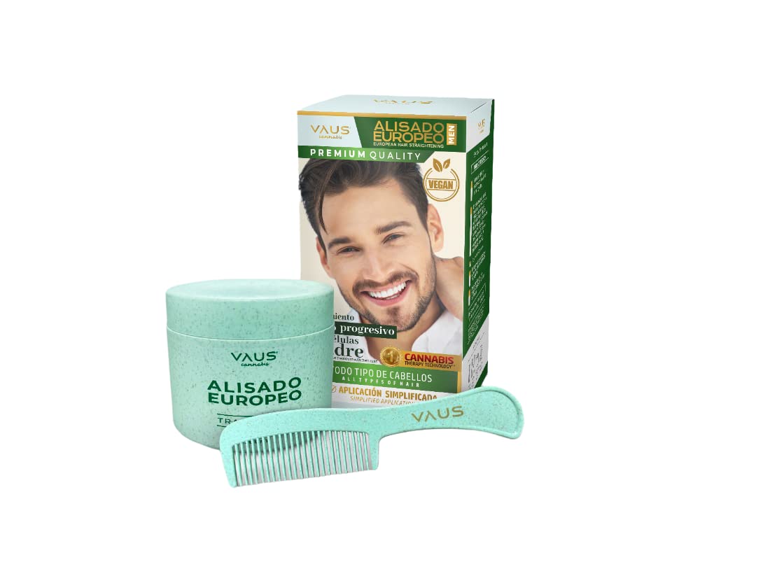 VAUS | European Hair Straightening Kit - Professional Hair Relaxer with Comb - Men Hair Treatment with patented Technology based on plant stem cells- Vegan, Keratin Free, Eco Friendly & Bio Packaging