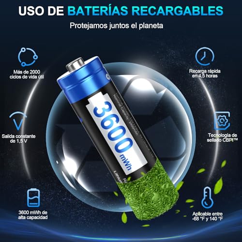 Artman Paquete de 12 Pilas Recargables de Litio AA con Cargador de 12 Ranuras, 3600mWh y 1,5V Baterías de Litio AA para Blink Outdoor Cámara, Pilas Recargables Double A con Más de 2000 Ciclos (Negro)