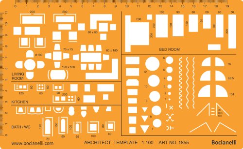 Metric 1:100 Scale Architectural Drawing Template Stencil - Architect Technical Drafting Supplies - Furniture Symbols for House Interior Floor Plan Design