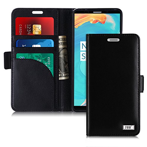 FYY [Genuine Leather] Wallet Case for Huawei Mate 10 Pro 2017, Handmade Flip Folio Wallet Case with Kickstand Card Slots Magnetic Closure for Huawei Mate 10 Pro 2017 Black