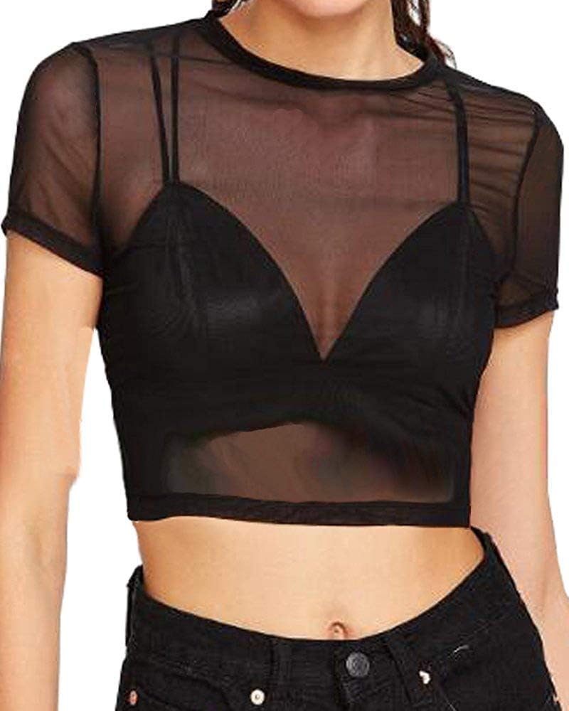 CLOZOZ Women's Sheer Mesh Tee Blouse Short Sleeve Crop Tops