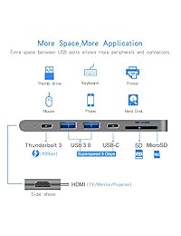 Thunderbolt 3 HUB, mastertool adaptador de USB tipo C Hub multipuerto USB 3 de aluminio para MacBook Pro 2016 2017 Thunderbolt 3 Puerto 5 K a 60 Hz, 4 K HDMI, pass-through carga, SD Micro SD ranuras para tarjetas, Gris