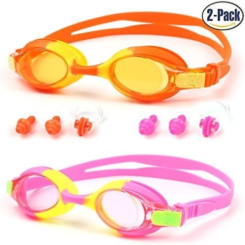 Kids Swim Goggles(2-Pack), E-TECHING Child Swimming Goggles with Clear Vision Anti Fog UV Protection No Leak Come Easy to Adjust for Children and Early Teens (2 Pack-Pink+Orange)