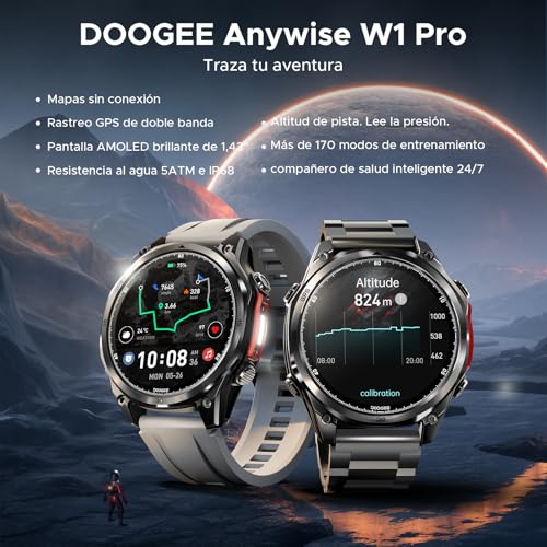 Luzglo Anywise W1 Pro Men's Smartwatch, Dual-Band GPS & Offline Maps, 5 ATM, 12 Days Autonomy, 1.43 Inch AMOLED HD, 170+ Sports Modes, Bluetooth Calling, Compatible with Android/iOS, 3 Wristbands