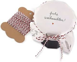 25 Marmeladendeckchen - Frohe Weihnachten - Gläserdeckchen weiß für Marmelade, Marmeladengläser & Einmachgläser, Recyclingpapier Abreißblock + 10 m Garn + Justiergummi