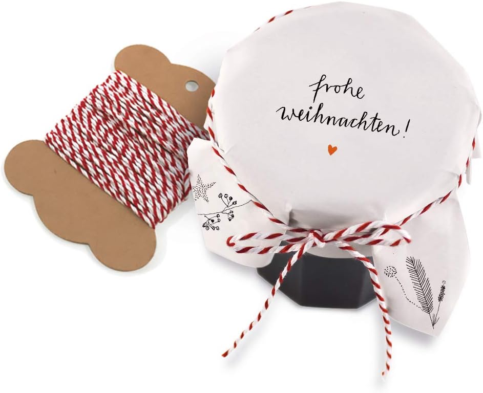 25 Marmeladendeckchen - Frohe Weihnachten - Gläserdeckchen weiß für Marmelade, Marmeladengläser & Einmachgläser, Recyclingpapier Abreißblock + 10 m Garn + Justiergummi