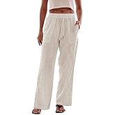Amazhiyu Womens 100% Linen Wide Leg Elastic Lounge Pants Side Slit with Pockets
