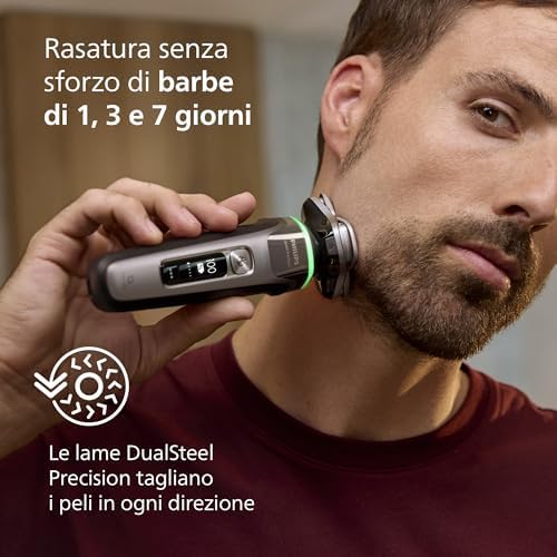 Shaver i9000 Prestige, rasoio elettrico Wet & Dry, tecnologia Skin IQ, triplo sistema di sollevamento e taglio, doppie lame di precisione in acciaio 360º, pod di pulizia rapida, XP9202/30