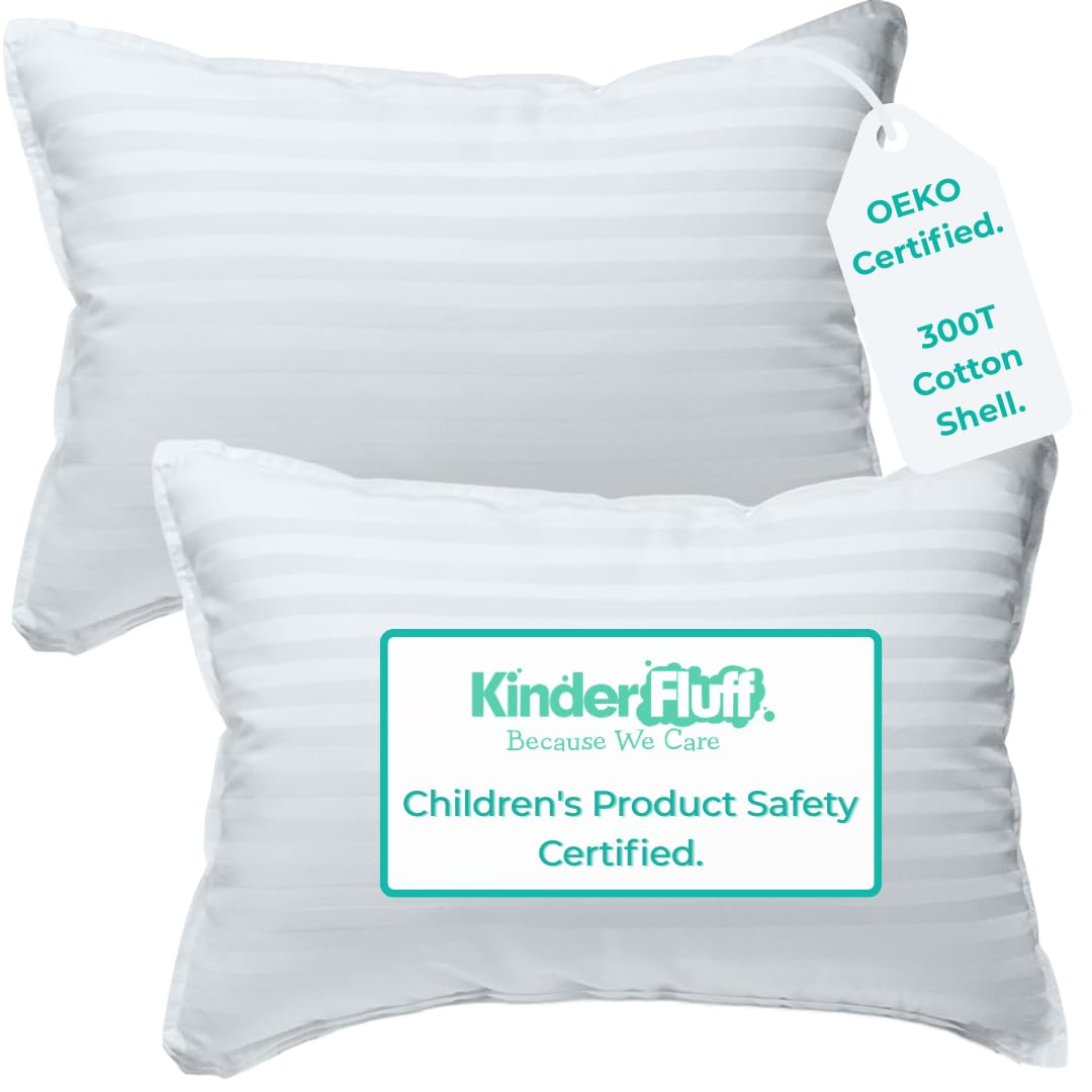 kinder Fluff Children Pillows (2pk) - The only Cushion for Kids 300T Soft Cotton & Down Alternative Fill - Hypoallergenic, Machine Washable, Ideal Pillow for Kids Bed & Travel Pillow (43x66cm- White)