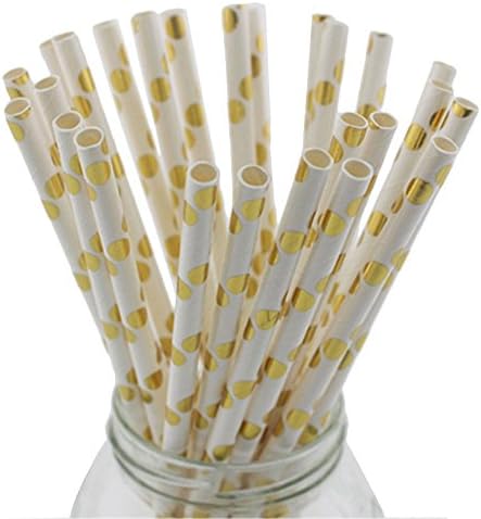 YouMeBest Biodegradable Paper Straws Gold Polka Dot Disposable Paper Drinking Straws 100 pcs for Party DIY