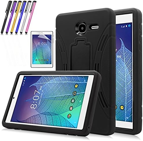 Windrew Heavy Duty rugged impact Hybrid Case with Build In Kickstand Protective Case For Alcatel Onetouch POP 7 LTE (T-Mobile 2016 Model 9015W) + Screen Protector Film and stylus pen (Black)