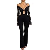 Molilove Women's Lace Jumpsuits Long Sleeve Halter Hollow Out Backless Flare Pants Rompers Sexy One Piece Outfits