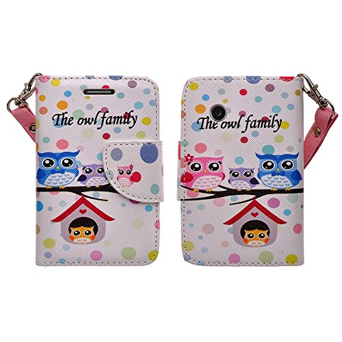 LG 306G 305C Case LG Aspire LN280 (Tracfone StraightTalk Net10) - Magnetic Closure Leather Flip Wallet Case with 2 Card Slots, Cash Compartment and Detachable Wrist Strap for LG 306G 305C (OWL FAMILY)