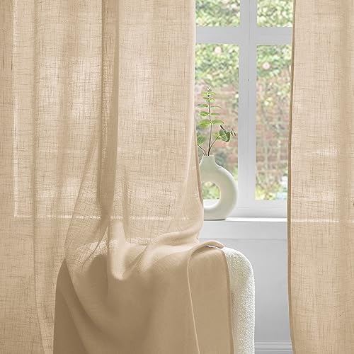 Woaboy Linen Curtains Translucent Net Curtains with Eyelets Modern Decorative for Living Room, Window, Bedroom, 2 Pieces, 140 x 260 cm, Beige