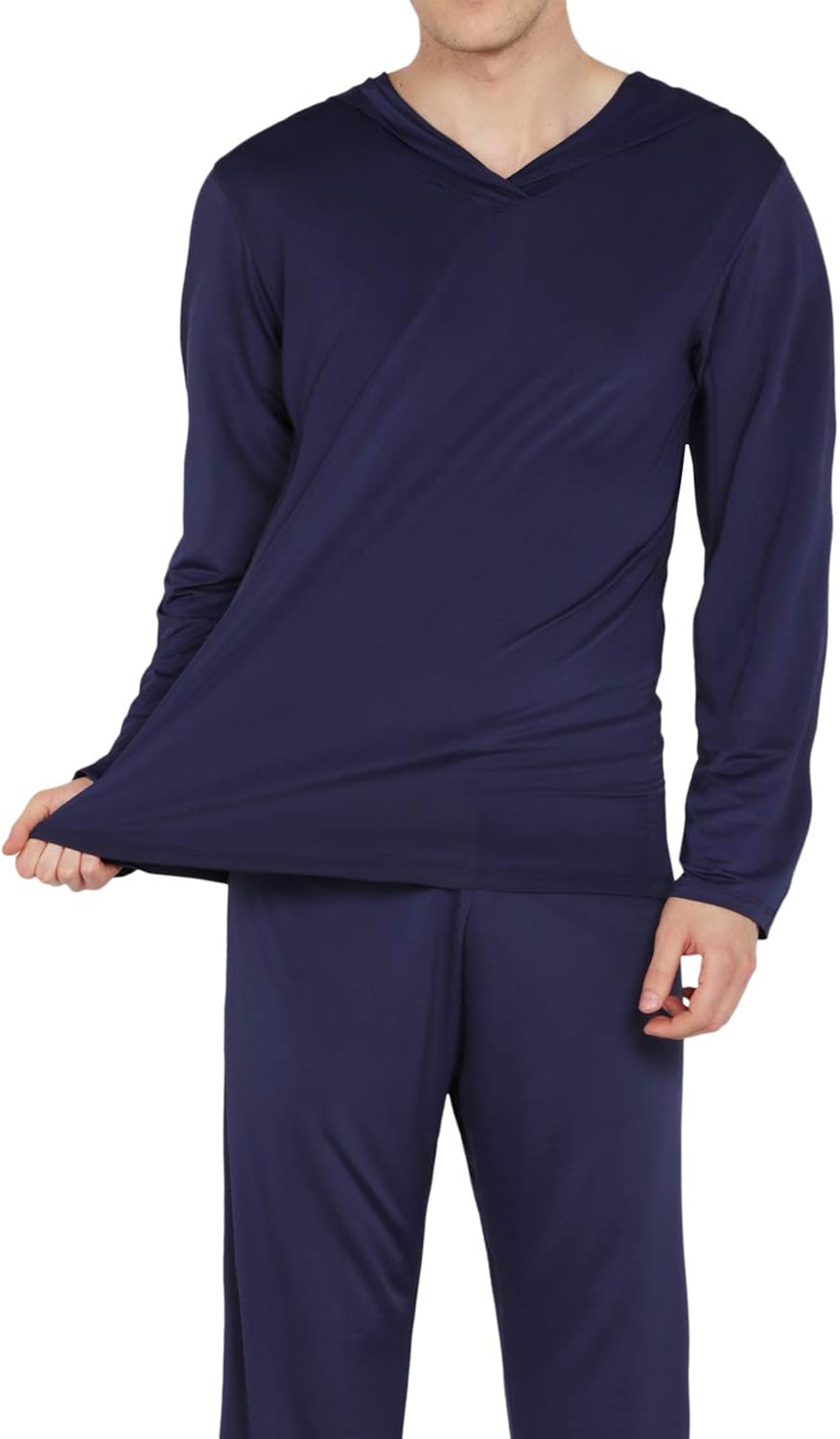 WEEN CHARM Mens Silk Satin Pajamas Set Hooded Shirt with Pants Sleepwear Loungewear Navy Blue at 