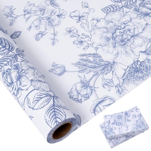 Larcenciel Tissue Paper Roll Vintage Floral, Blue and White Tissue Paper for Gift Bag Filler, Artistic Gift Packaging for Wedding, Birthday, Party, Craft, 10 M×43 CM