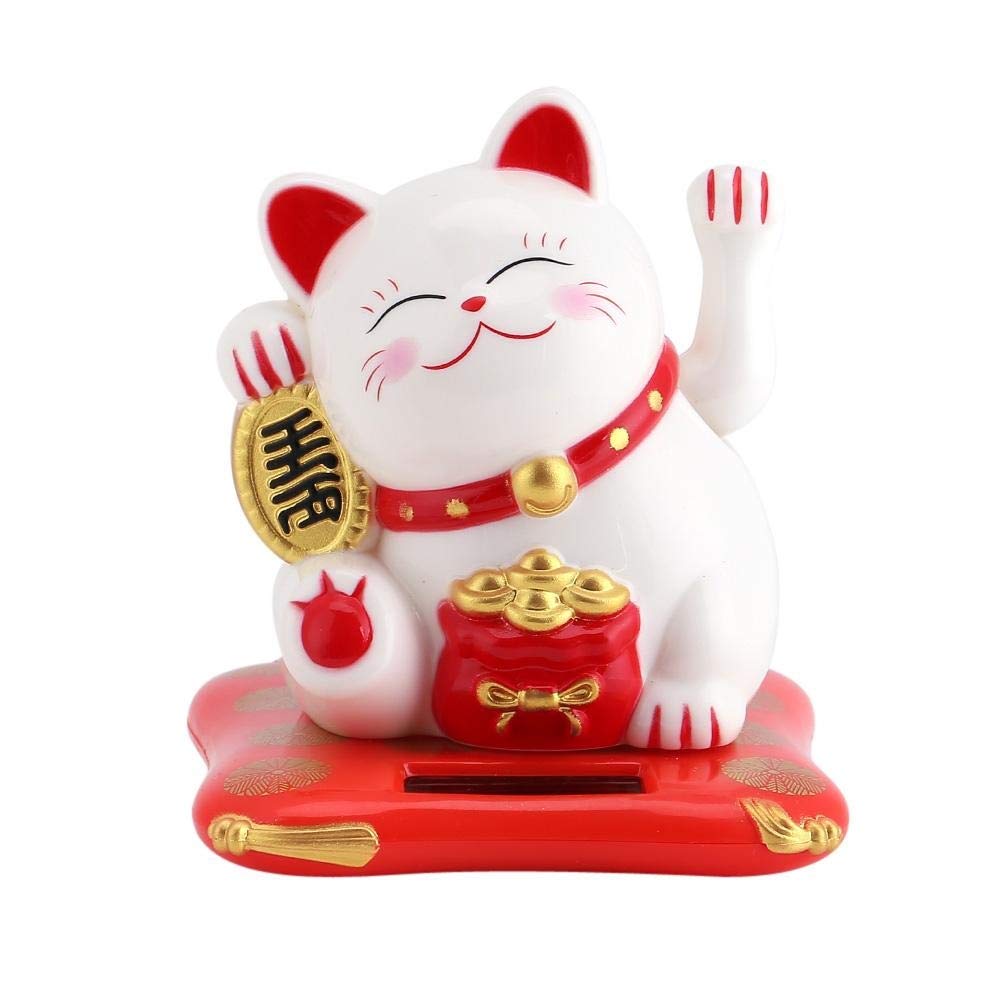 Samfox Waving Cat - Solar Powered Cute Good Luck Cat Chinese Wealth Welcoming Cats Home Display Car Decor (White)