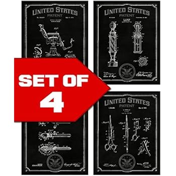 Wallables Midnight Black Barbershop Patents Decor Set of Four 8x10 Vintage Barber Shop Themed Decorative Prints, great for barber shop, bachelor pad, office, bathroom, living room.
