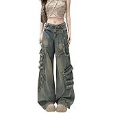 Xojbzoo Retro Design Rivet Multi Pocket Women's Jeans, Loose and Slim fit, high Waist Straight Leg Wide Leg Pants