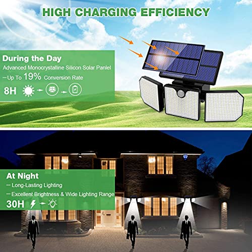 Luz Solar Exterior GolWof 2 Piezas 230LED 3 Cabezas Lampara Solar Exterior con Sensor de Movimiento 270º lluminación Foco Solar Exterior IP65 Impermeable para Frente Jardin Garaje Camino Patio