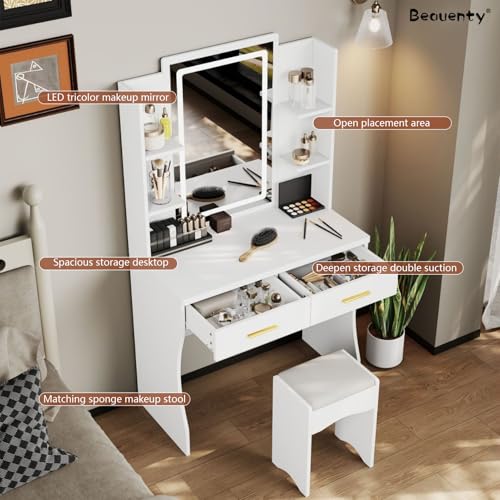 Beauenty Makeup Vanity Table, Vanity Desk with LED Mirror and Stool, Modern Simple Dressing Table with 2 Drawers and Multi-level Storage, Vanity Set Gifts for Women and Girls, White (80 * 40 * 140cm)