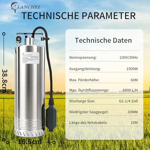 LANCHEZ 1500 W Submersible Pump with Float, Submersible Pressure Pump with 6800 l/h Flow Rate, Maximum Head 60 m, Immersion Depth Max. 16 m, Water Pump for Cellars, Agriculture, Horticulture