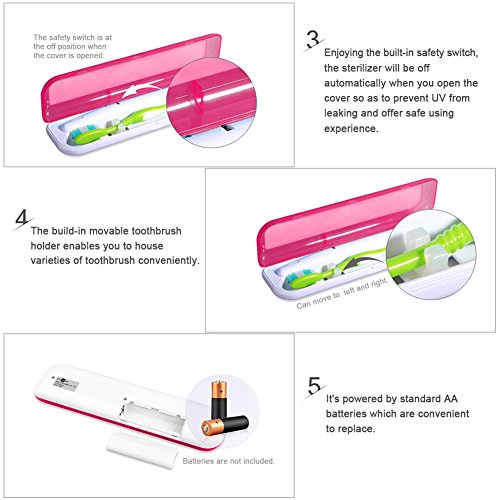 Aneil UV Toothbrush Sanitizer Sterilizer Bacteria Killing Electric Portable Toothbrush Holder Case for Outdoor Travel Train Camping Hiking (Pink) - Thumbnail 3