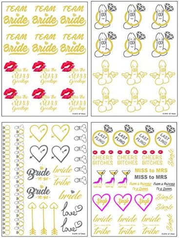 QTni Bachelorette Party Tattoos - Metallic Shiny Temporary Flash Tattoos To Dress Up Your Body for Girls's Night Out Last Fling Before The Ring - Set of 69
