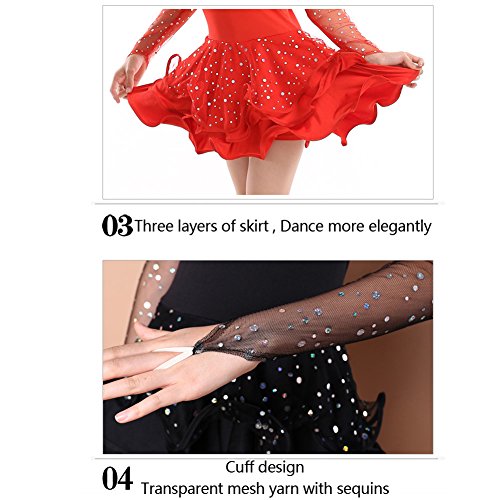 Girls Sequin Dance Costume Latin Rumba Dance Dress Spandex Ballroom Dancewear (Rose red, 7-8) - Thumbnail 5