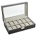 Zeeshy 12- slot Watch Box Black Pu Leather Diaplay Case Organizer Glass Top with Key Lock