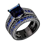 JunXin Two Pieces Black Gold Bridal Wedding Set Princess Cut Sapphire Blue Main Stone Size5-11