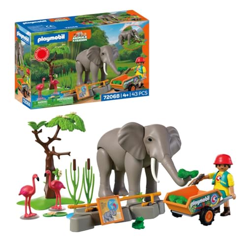PLAYMOBIL | Animals & Friends | Elefant mit Tierpfleger | Zoo Spielzeug Set mit 4 Tieren & Gehege-Zubehoer | Fuer Kinder ab 4 Jahren | 72068