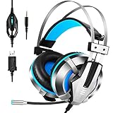 EKSA Gaming Headset for PS4, PC, Xbox One Controller, Noise Cancelling Over Ear Headphones with Mic, LED Light, Bass Surround, Soft Memory Earmuffs for Laptop Mac Nintendo Switch Games