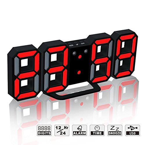 LED Digital Alarm Clock For Desk / Shelf / Tabletop, Modern Home Decoration 3D Wall Clock, Easy To Read at Night, Loud Alarm and Snooze, Big Digit Display (Black Frame, Red Light) - Thumbnail 7