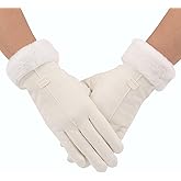 F Flammi Women's Winter Suede Gloves with Fur Cuffs - Soft, Warm, Touchscreen, Fleece Lined