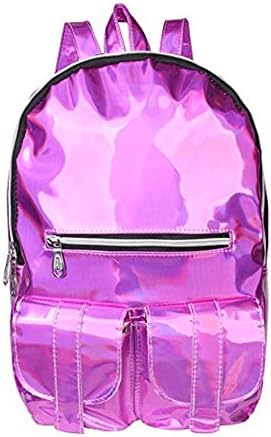 Girl's Boy's Holographic Laser PU Leather Backpack Travel Casual School Bag Multi-pockets(Deep pink)